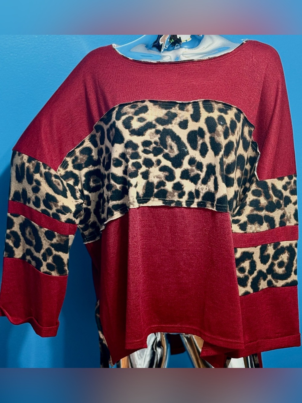 Umgee Burgundy Top with Leopard Panels XL